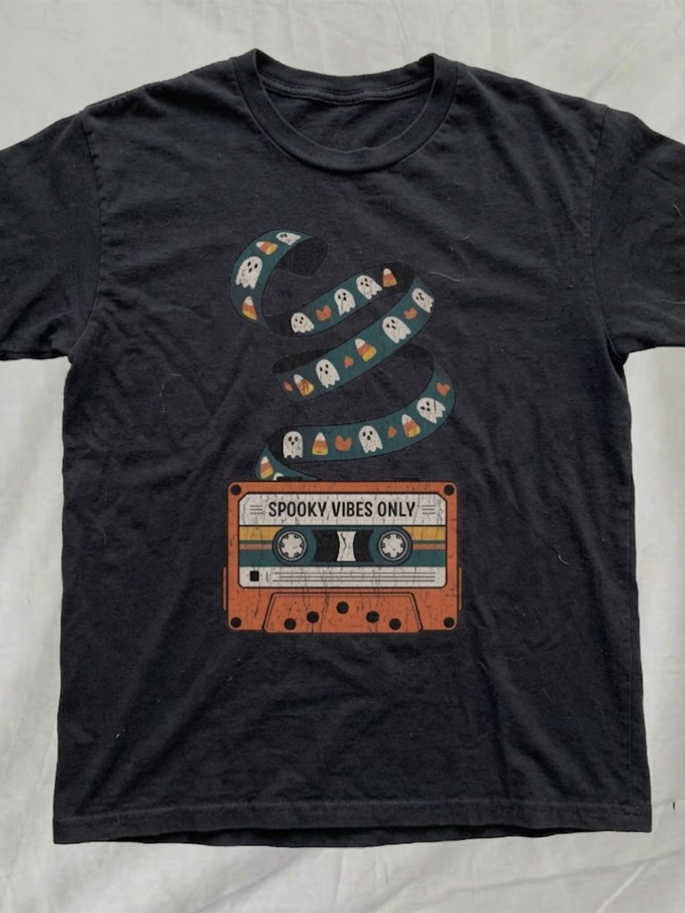 Gildan Black Tee with Orange Cassette & Teal Ribbon Graphic